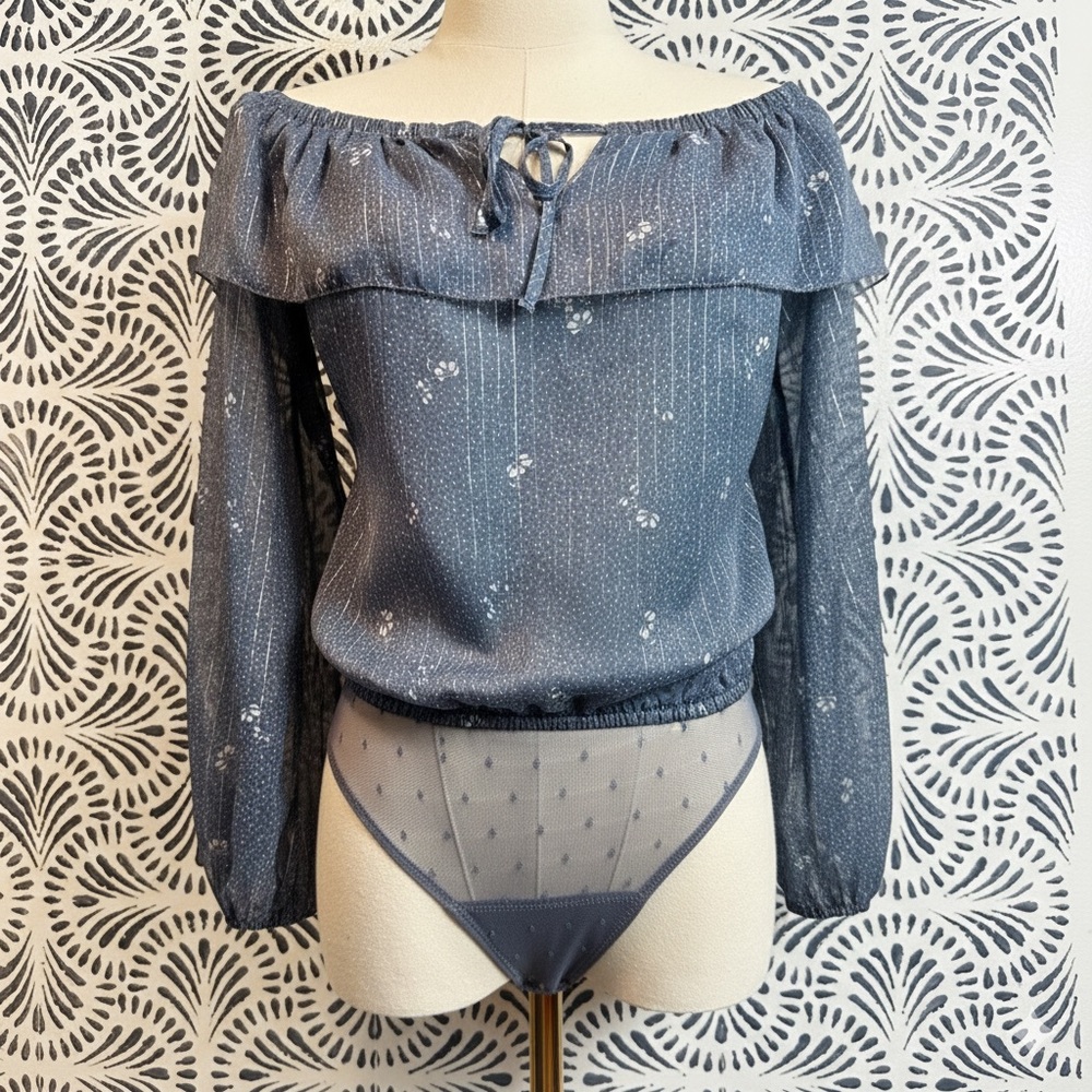 Abercrombie & Fitch Blue Grey Sheer Metallic Chiffon Off Shoulder Thong Bodysuit